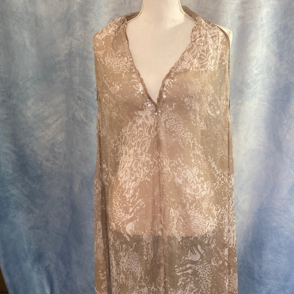 🍀2for$25🍀 L/XL Sheer Y2K 2000s Tan & White Swim Coverup Asymmetrical Long Hem